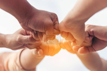 Photo for Close up hands Teamwork group of multi racial people meeting join hands. Diversity people hands join empower partnership teams connect volunteer community. Diverse multiethnic Partners team together - Royalty Free Image
