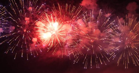Photo for Red Firework celebrate anniversary happy new year 2024, 4th of july holiday festival. red firework in night time celebrate national holiday. Countdown to new year 2024 festival party time event - Royalty Free Image