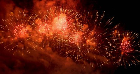 Red Firework celebrate anniversary in night time celebrate national holiday. Happy new year 2024, 4th of july holiday festival. Red firework Countdown to new year 2024 festival party time event