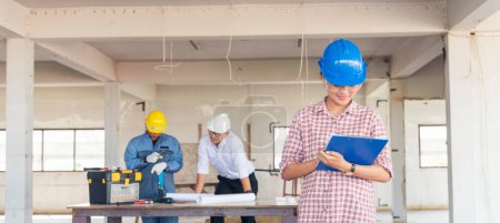 Photo for Banner Civil construction engineer team meeting on construction site with partner teamwork trust team consult together. Panorama image engineer team discuss wear hard hat construction engineer concept - Royalty Free Image