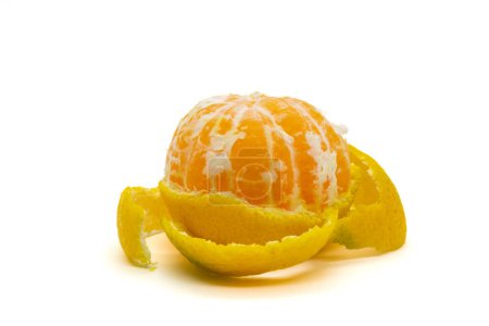 Photo for Ripe yellow half-peeled satsuma orange (Citrus unshiu) isolated on white background - Royalty Free Image