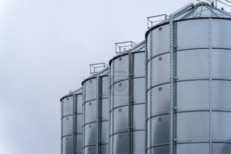 Photo for Stainless steel industrial silos with overcast sky background. - Royalty Free Image