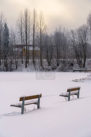 Foto de Dos bancos de madera vacíos junto a un lago congelado en Lahti, Finlandia. - Imagen libre de derechos
