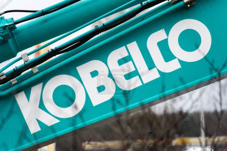 Photo for Kobelco logo on excavator boom close up in Mantsala, Finland. November 12, 2023. - Royalty Free Image
