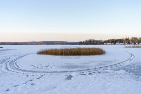 Snowmobile tracks in a frozen lake landscape with yellow reeds