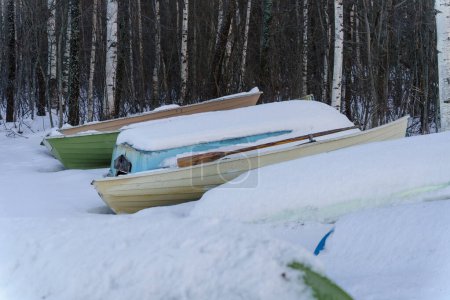 Snow covered rowboats next to a forest in winter