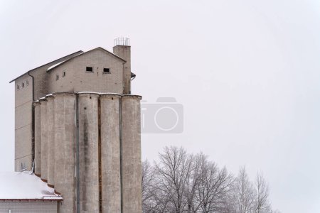 Photo for Snow-Covered Concrete Silo Tower in a Winter Landscape During Daytime - Royalty Free Image