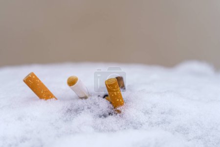 Primer plano de colillas de cigarrillos en la nieve.