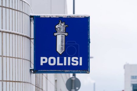 Photo for Sign with official finnish police logo and the word poliisi (police) outside the police station in Tampere, Finland. January 27, 2024. - Royalty Free Image