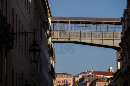 Walkway of the Santa Justa Lift above the rooftops in Lisbon, Portugal.