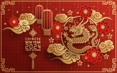 Ilustración de Feliz año nuevo chino 2024 año del zodíaco de dragón chino con fondo de color. (Traducción: feliz año nuevo, dragón chino ) - Imagen libre de derechos