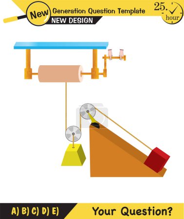 Illustration for Physics, Science experiments on force and motion with pulley, Simple Machines, Springs, Pulleys, Gears, next generation question template, dumb physics figures, exam question, eps - Royalty Free Image