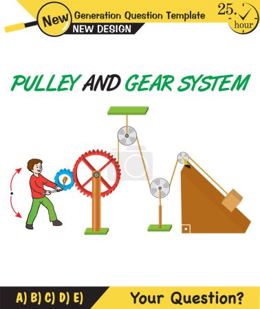 Ilustración de Physics, Science experiments on force and motion with pulley, Simple Machines, Springs, Pulleys, Gears, next generation question template, dumb physics figures, exam question, eps - Imagen libre de derechos