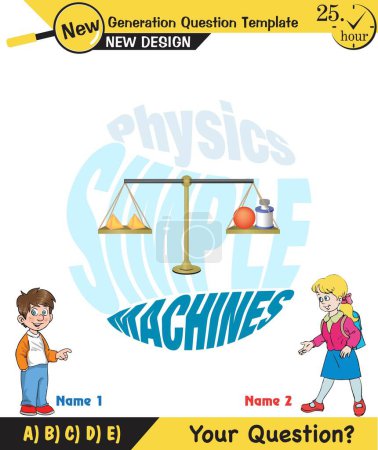 Illustration for Physics, equal arm scales, next generation question template, dumb physics figures, exam question, eps - Royalty Free Image