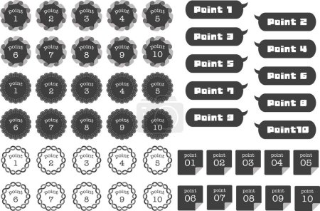 Ilustración de Icon set of monochrome points. Lace, ribbon, sticky note and callout material. Set of icons for infographics - Imagen libre de derechos