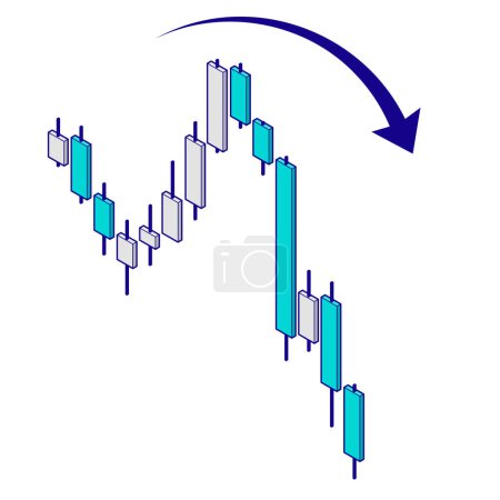 Illustration of a falling chart, isometric material about forex, investment. Image of falling right shoulder, failure. Illustration with main lines.