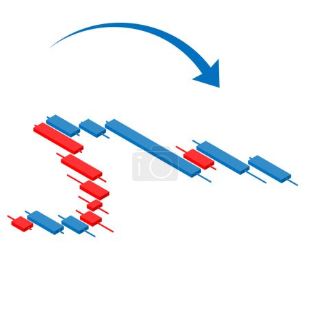 Isometrische Darstellung eines dreidimensional fallenden Diagramms. Infomaterial der fallenden rechten Schulter, das für Investitionen und Devisen verwendet werden kann. Abbildung ohne obere und obere Linien.