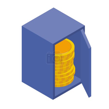Isometric illustration of a safe and coins. Image of protecting money. No main line.