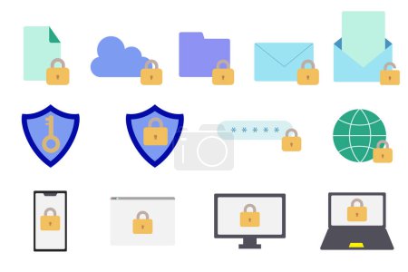 Ensemble d'icônes colorées avec des verrous sur le téléphone, l'ordinateur, le navigateur, le nuage et l'e-mail. Illustrations basées sur le concept de sécurité.