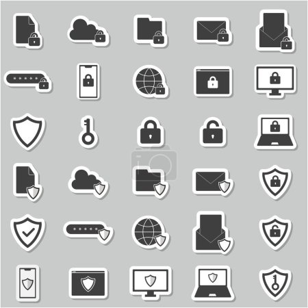 Set of black and white icons with locks on your phone, computer, browser, cloud, and email. Illustration of security icons.