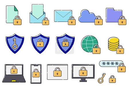 Set of security icons with locks on your phone and computer. Set of cute illustrations with interrupted lines.