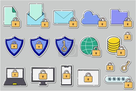 Set of sticker-style security icons for smartphones, computers, cloud, and email. Illustration of interrupted lines.