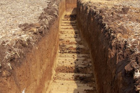 Photo for Large deep trench in the soil for construction - Royalty Free Image