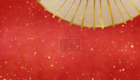 Photo for Clip art of red Japanese background with Japanese umbrella (Bangasa) and glittering confetti. - Royalty Free Image