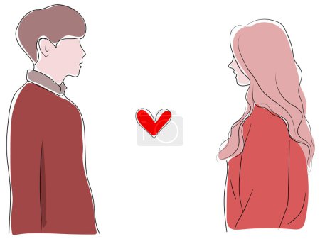 Simple silhouette illustration of a man and woman facing each other and a heart, monochrome color