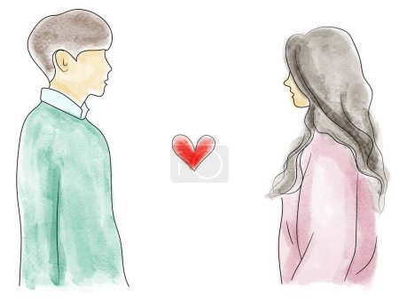 Illustration silhouette simple d'un homme et d'une femme face à face et d'un c?ur, couleurs pastel