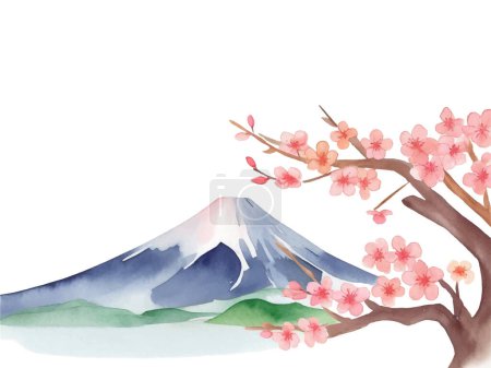 Illustration for Watercolor illustration of Mt. Fuji and plum blossoms in Japan - Royalty Free Image