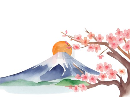 Illustration for Watercolor illustration of Mount Fuji, the first sunrise (sunrise) and plum tree in Japan - Royalty Free Image