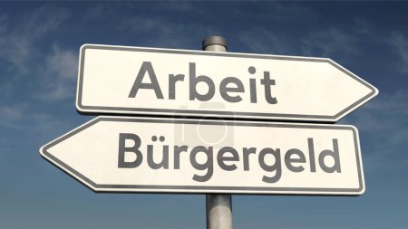 Foto de Guía de puestos con las palabras alemanas "Arbeit" (trabajo) y "Buergeld" (ingresos ciudadanos) - Imagen libre de derechos
