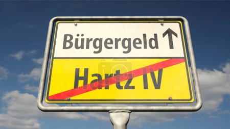 A German place-name sign with the Germans word "Hartz 4" and "Buergergeld" (citizens income)