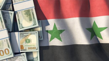 Foto de US Dollar bills on Syria flag - Imagen libre de derechos