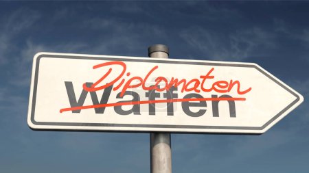 Photo for Diplomats instead of guns - A guide post with the German words "Waffen" (weapons) and "Diplomaten" (diplomats) - Royalty Free Image