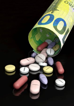Téléchargez les photos : Diverses pilules et facture en euros - médicaments et coûts - en image libre de droit