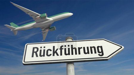 Téléchargez les photos : Retour des demandeurs d'asile en avion - Poste d'orientation avec le mot allemand "Rueckfhrung" (Retour) et avion de départ en arrière-plan - en image libre de droit