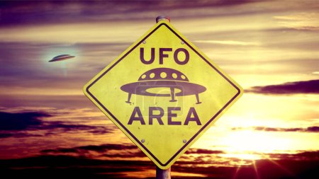 UFO-Schild "UFO AREA" mit unbekanntem Flugobjekt im Hintergrund