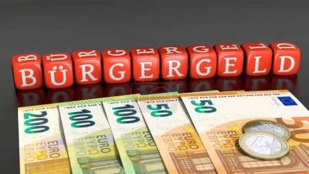 Téléchargez les photos : Dés avec le mot allemand "Buergergeld" (revenu des citoyens) sur les billets en euros - en image libre de droit