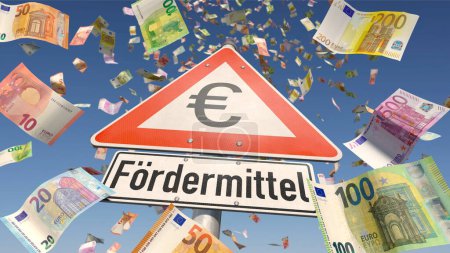 Billets en euros tombent du ciel avec un signe d'information allemand Foerdermittel (fonds)