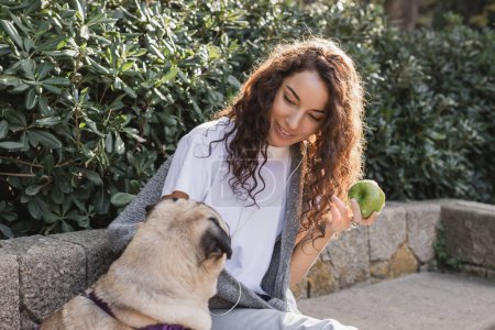 Téléchargez les photos : Jeune femme joyeuse et bouclée en vêtements décontractés et écouteurs filaires tenant pomme fraîche et regardant chien chiot assis sur un banc de pierre près des buissons verts dans le parc à Barcelone, Espagne - en image libre de droit