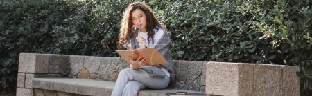Focused young curly woman looking at camera while holding marker and notebook near smartphone and laptop on stone bench near bushes in park in Barcelona, Spain, banner, work from anywhere 