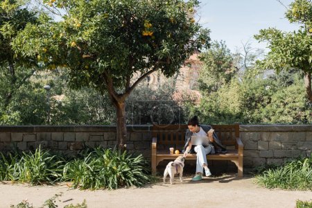 Freelancer positivo en auriculares acariciando cachorro de perro y utilizando gadgets mientras está sentado cerca del café para ir y naranja fresca en el banco de madera y pasar tiempo en el parque en Barcelona, España, naranjo