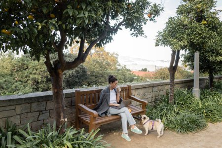 Photo for Young brunette freelancer in warm jacket holding coffee to go and using laptop near fresh orange on wooden bench and pug dog near green plants in park in Barcelona, Spain, work from anywhere - Royalty Free Image