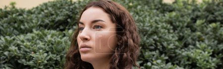 Photo for Portrait of pretty and curly young woman looking away while standing near blurred green plants on urban street at daytime in Barcelona, Spain, banner - Royalty Free Image