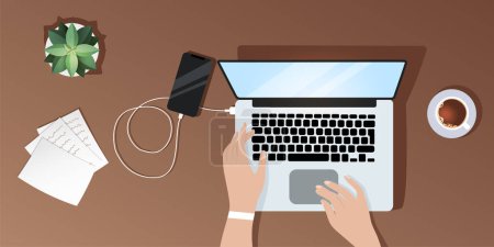 Ilustración de Escritorio vista desde arriba, una chica trabaja en un ordenador portátil, carga su teléfono, documentos se encuentran cerca de café y suculentas están de pie - Imagen libre de derechos