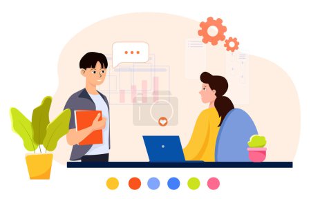 Office flat illustration. Asian man talking to woman manager in the office