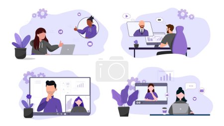 Ensemble d'illustrations plates télétravail, zoom conférence, réunion, conférence en ligne. Commentaires des employés et des gestionnaires. Illustrations en violet et gris.
