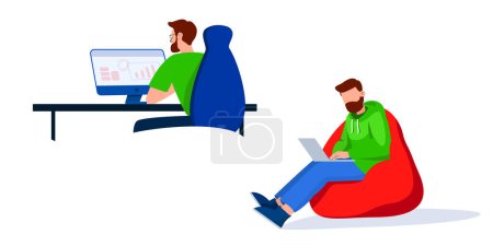 Téléchargez les photos : Illustration vectorielle plate d'un homme sur le lieu de travail au bureau. Un homme est assis à une vue d'ordinateur de l'arrière. Homme assis sur pouf avec ordinateur portable - en image libre de droit